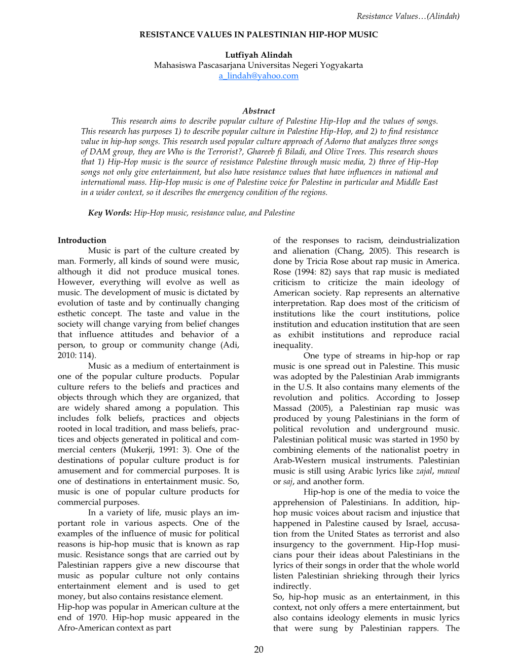(Alindah) RESISTANCE VALUES in PALESTINIAN HIP-HOP MUSIC