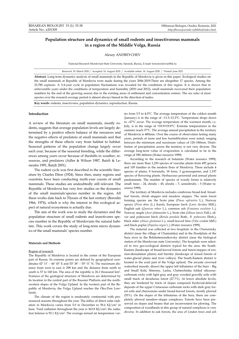 Population Structure and Dynamics of Small Rodents and Insectivorous Mammals in a Region of the Middle Volga, Russia