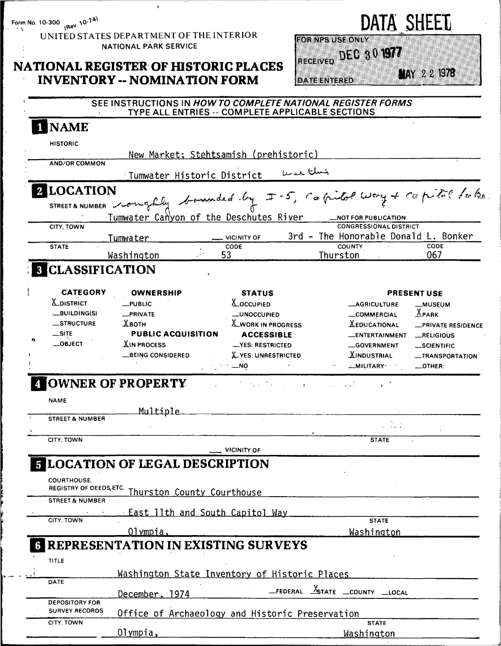 Data Sheei United States Department of the Interior ; National Park Service National Register of Historic Places Inventory -- Nomination Form