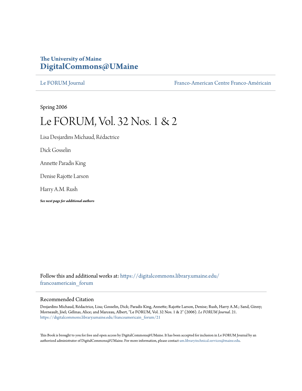 Le FORUM, Vol. 32 Nos. 1 & 2
