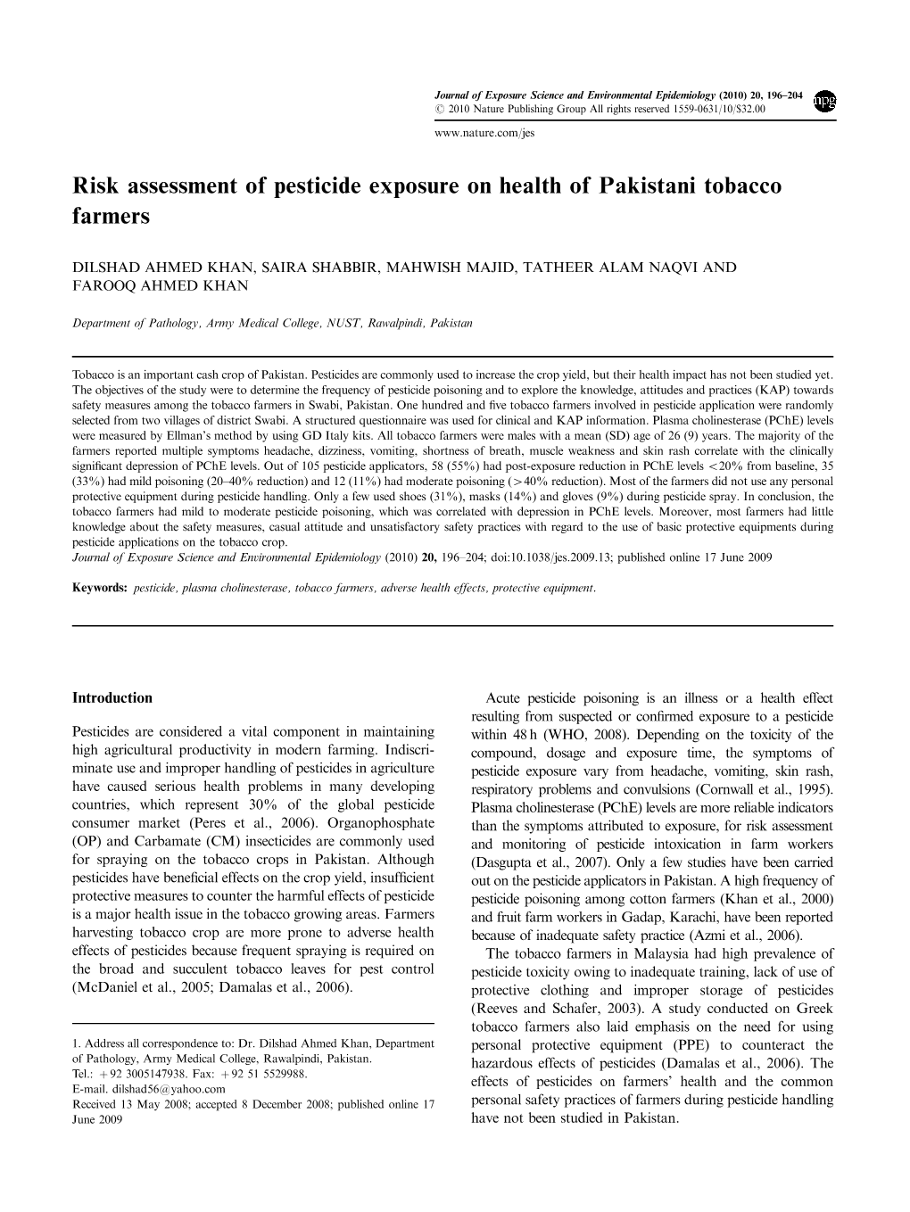 Risk Assessment of Pesticide Exposure on Health of Pakistani Tobacco Farmers