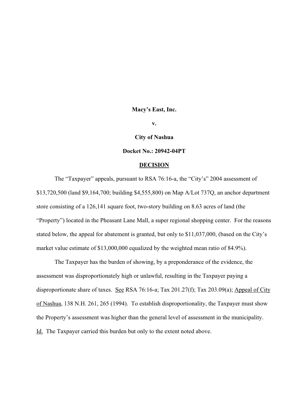 Macy's East, Inc. V. City of Nashua Docket No.: 20942-04PT