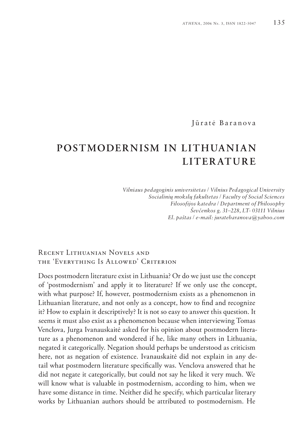 Postmodernism in Lithuanian Literature
