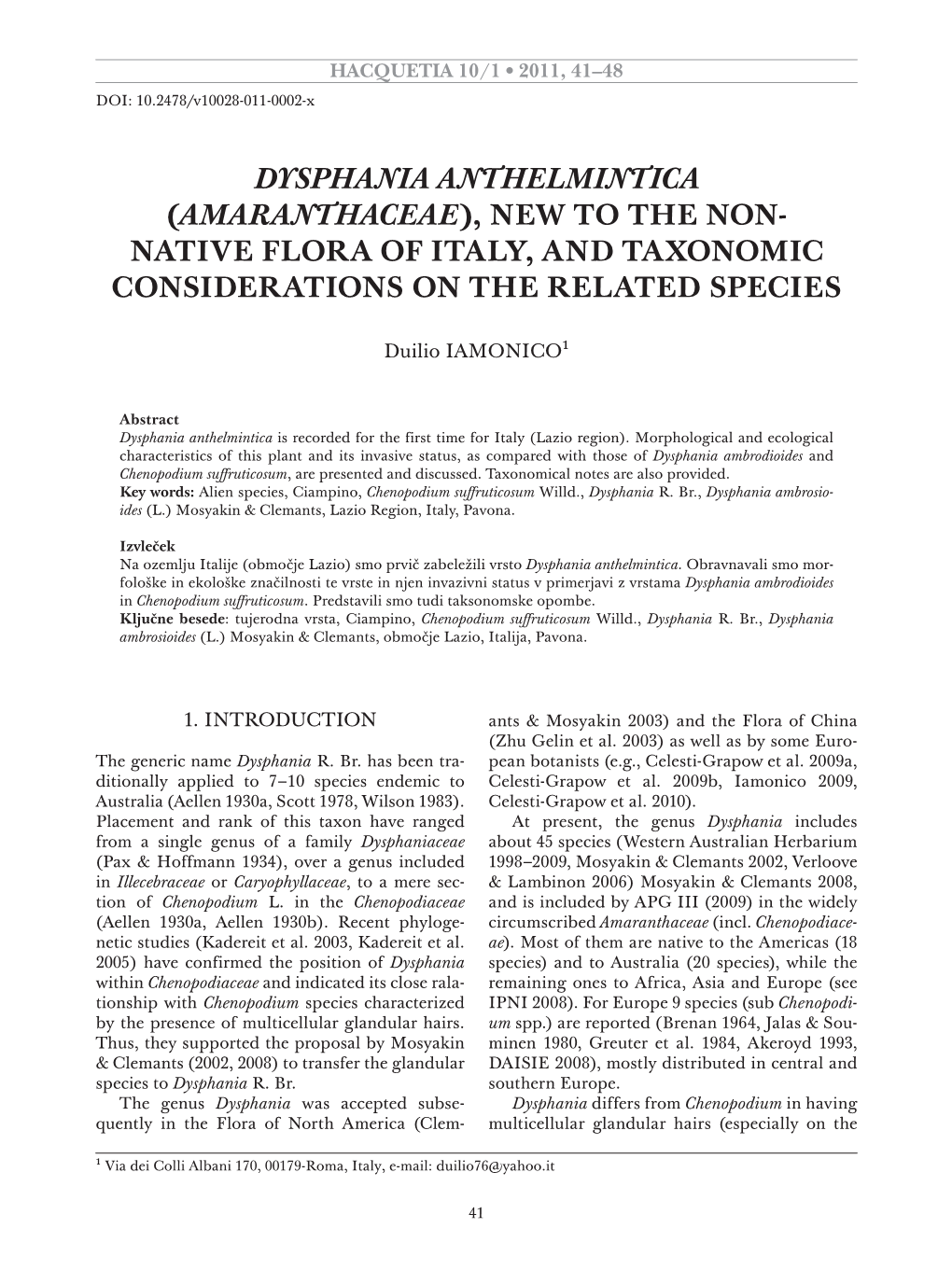 Dysphania Anthelmintica (Amaranthaceae), New to the Non- Native Flora of Italy, and Taxonomic Considerations on the Related Species