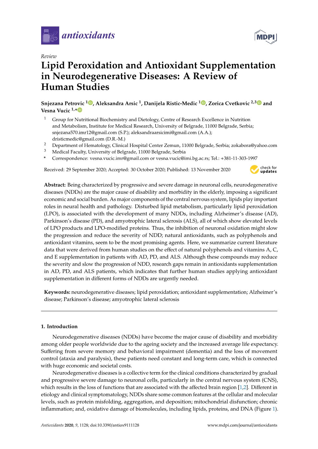 Lipid Peroxidation and Antioxidant Supplementation in Neurodegenerative Diseases: a Review of Human Studies