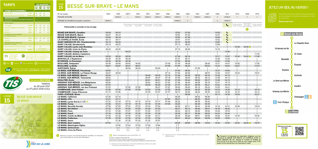 Bessé-Sur-Braye Le Mans Jetez Un Œil Au Verso ! Titres Occasionnels Horaires Valables Du Lundi 28 Août 2017 Au Samedi 07 Juillet 2018 Inclus