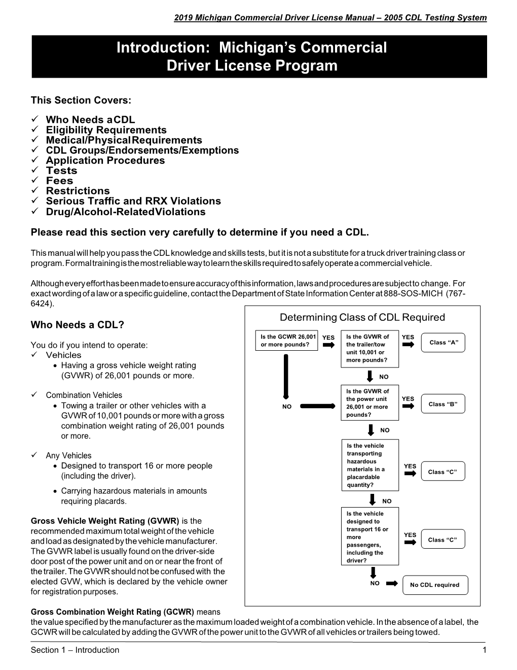 Section 1: Introduction to Michigan's Commercial Driver License Program