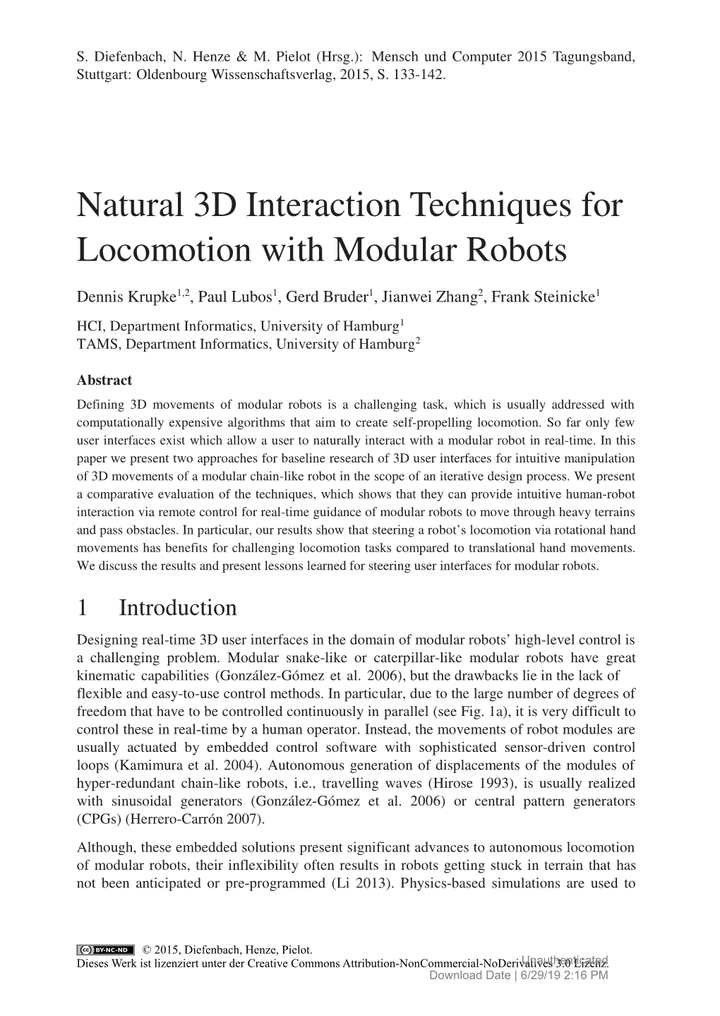 Natural 3D Interaction Techniques for Locomotion with Modular Robots