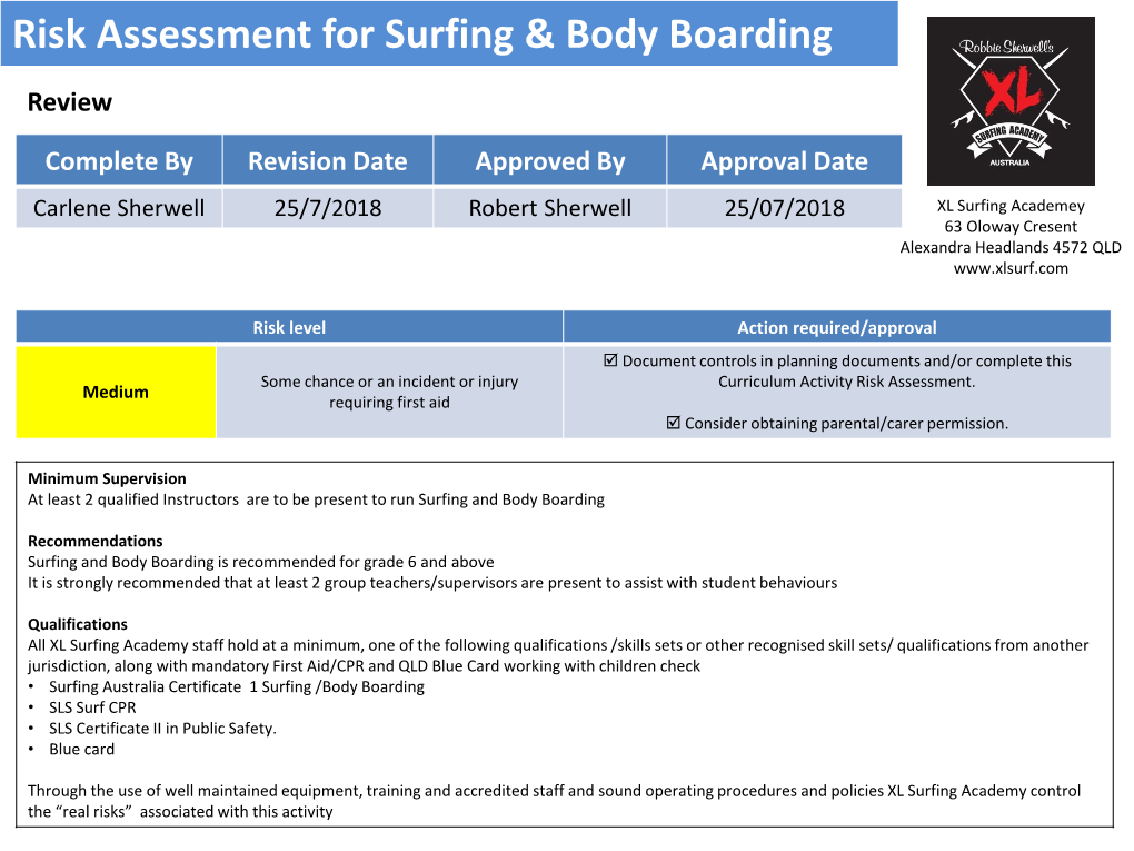 Risk Assessment for Surfing & Body Boarding