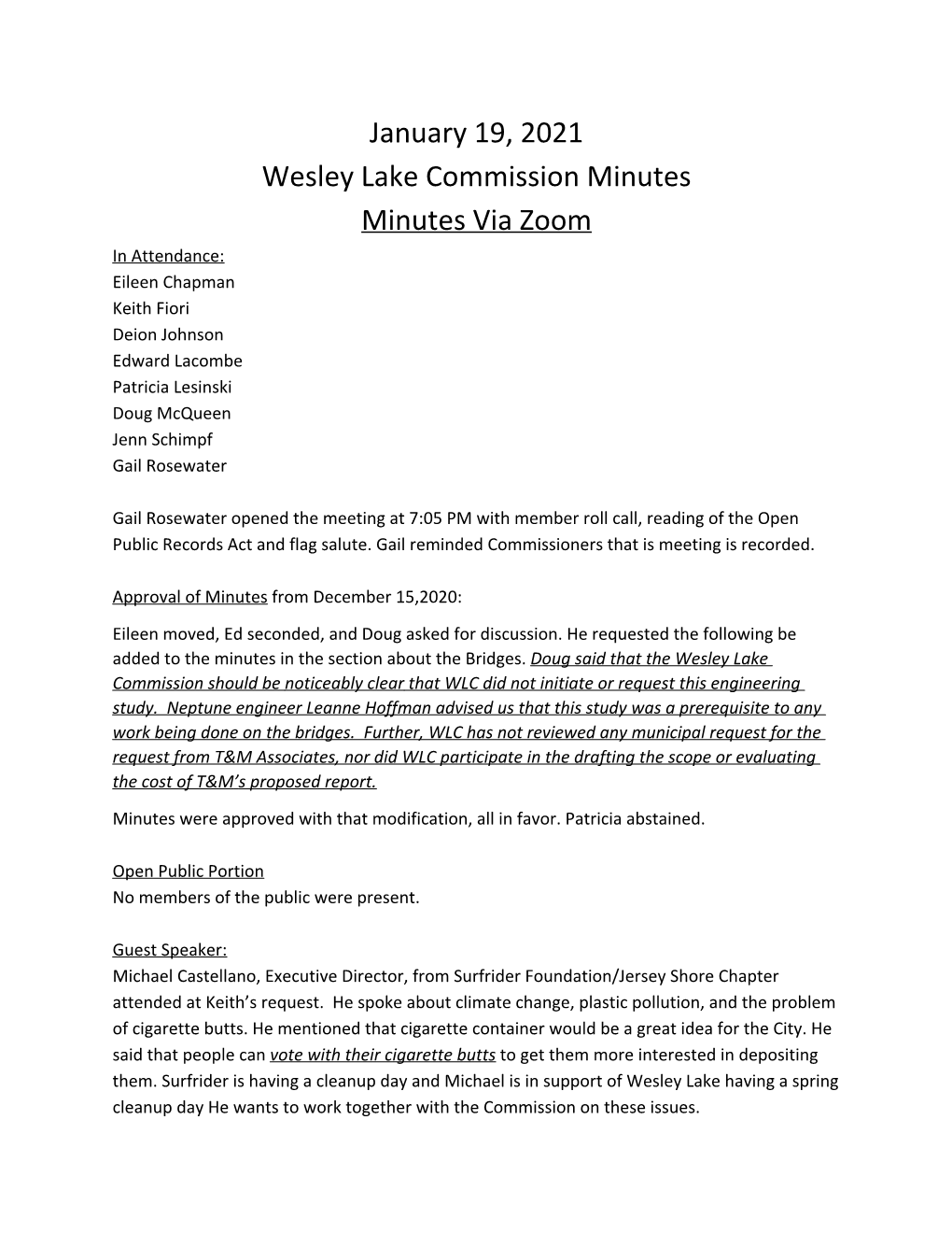 January 19, 2021 Wesley Lake Commission Minutes Minutes Via