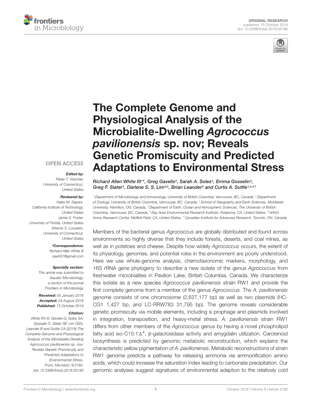 The Complete Genome and Physiological Analysis of the Microbialite-Dwelling Agrococcus Pavilionensis Sp