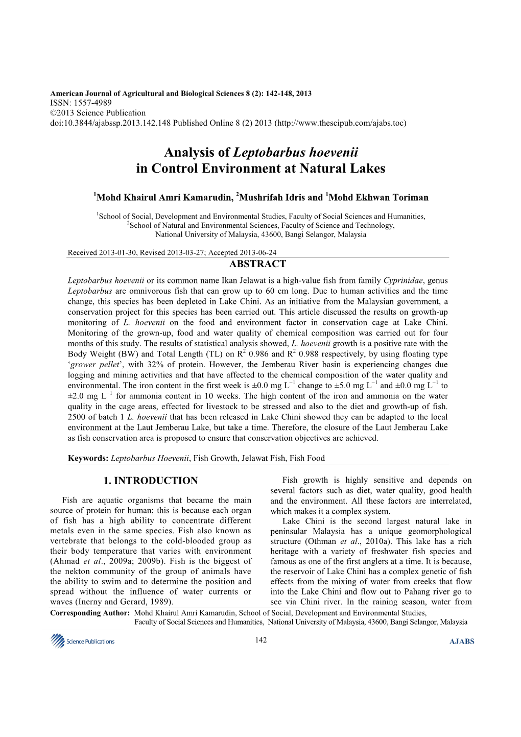 Analysis of Leptobarbus Hoevenii in Control Environment at Natural Lakes