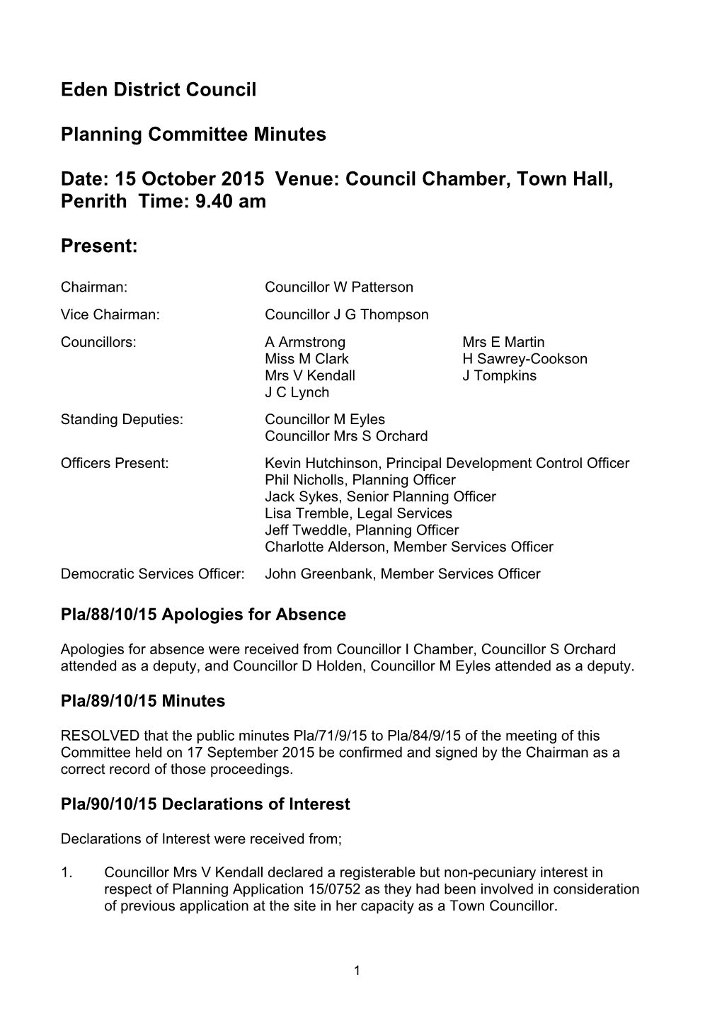 (Public Pack)Minutes Document for Planning Committee, 15/10/2015