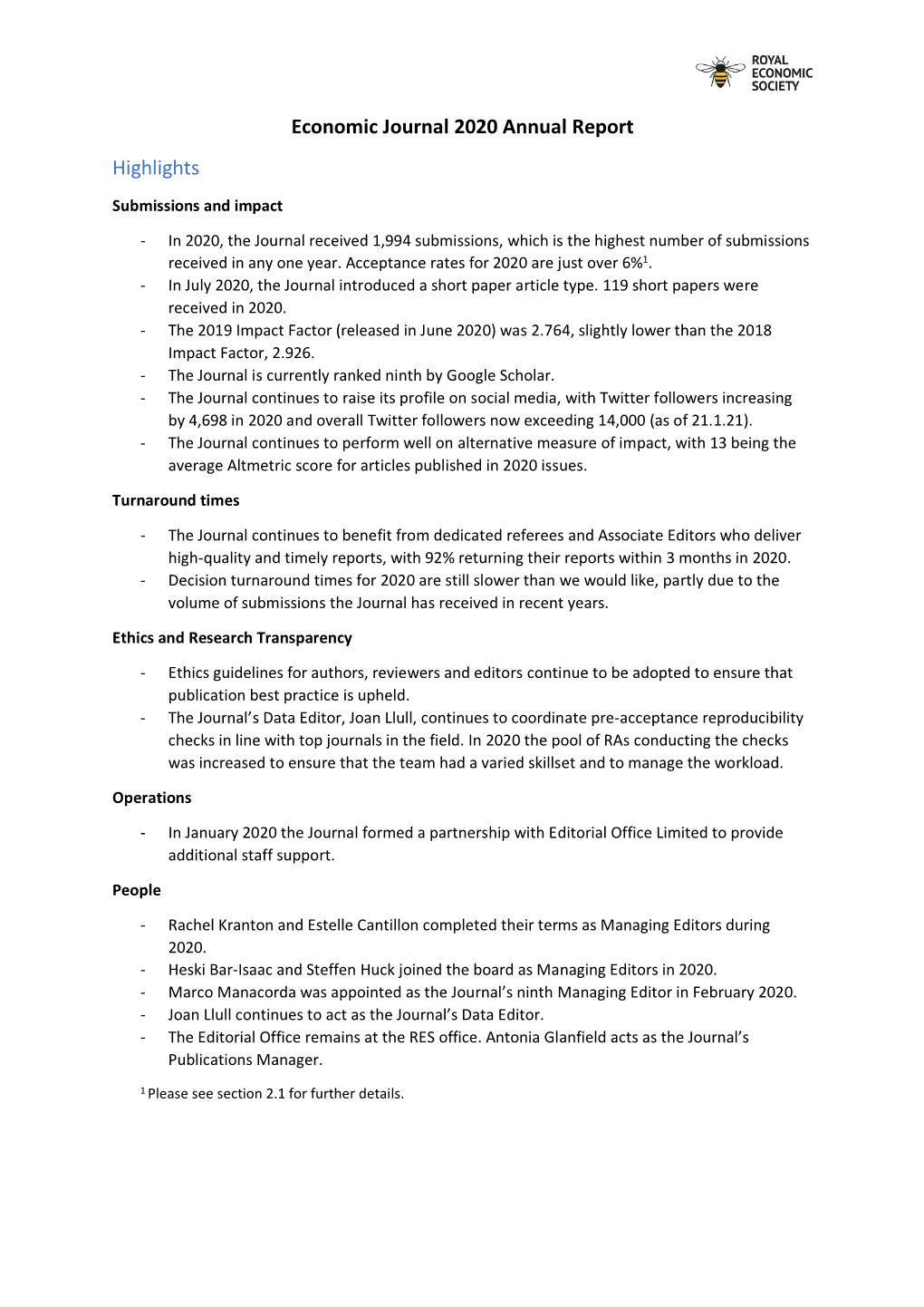 Economic Journal 2020 Annual Report Highlights