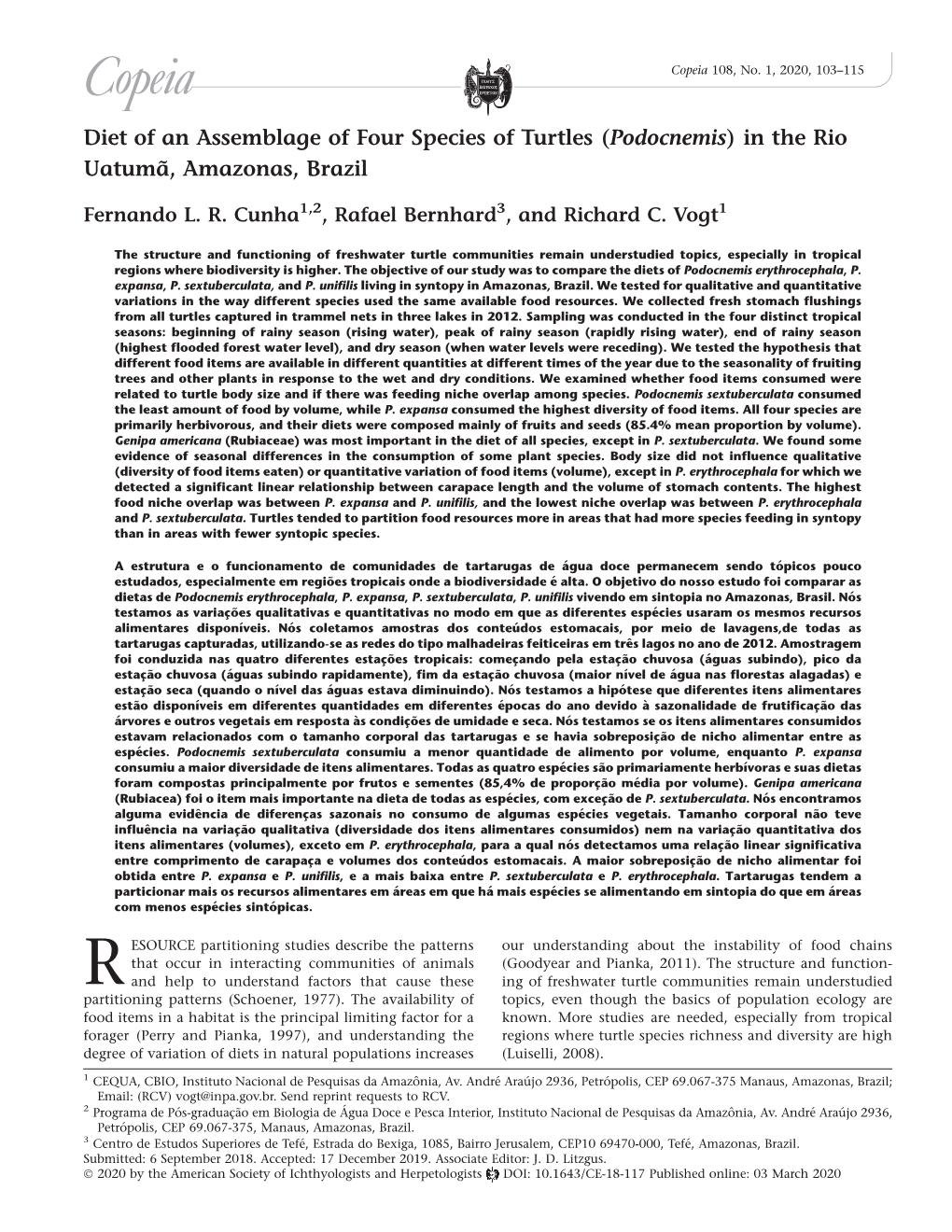 Diet of an Assemblage of Four Species of Turtles (Podocnemis) in the Rio Uatumã, Amazonas, Brazil