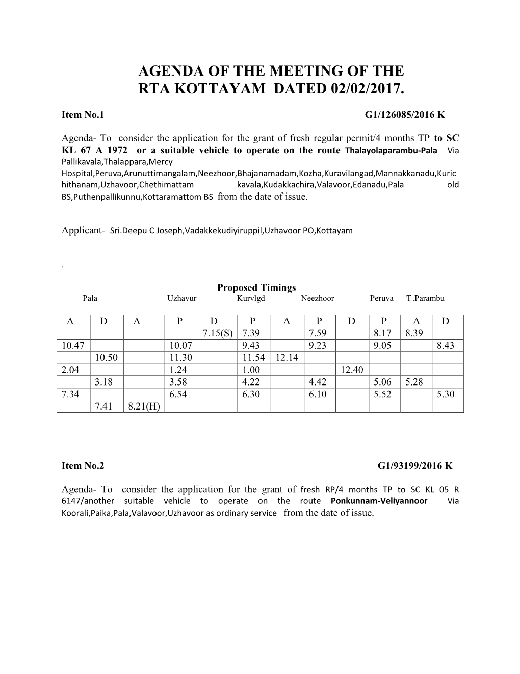 Agenda of the Meeting of the Rta Kottayam Dated 02/02/2017