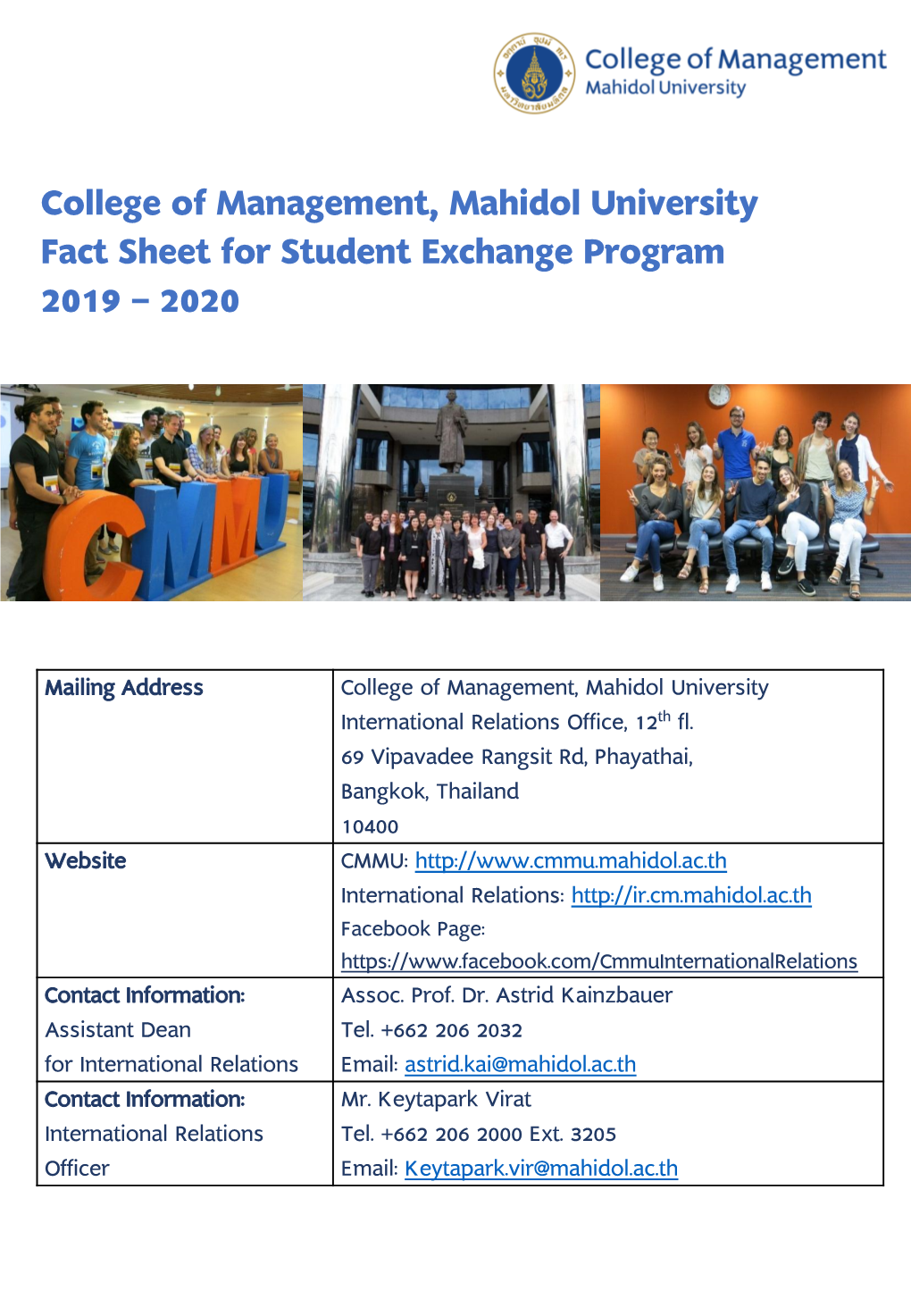 College of Management, Mahidol University Fact Sheet for Student Exchange Program 2019 - 2020