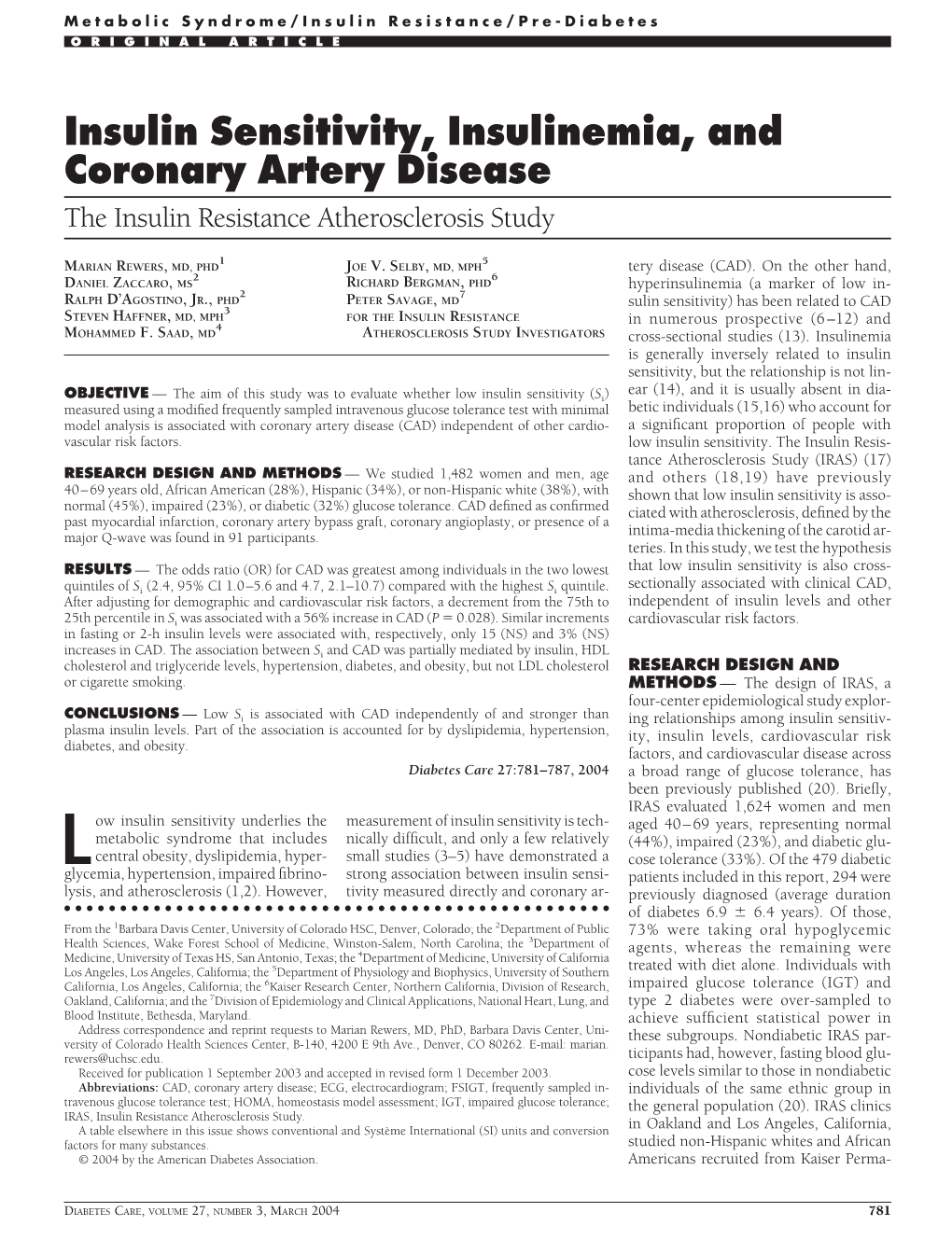 Insulin Sensitivity, Insulinemia, and Coronary Artery Disease the Insulin Resistance Atherosclerosis Study