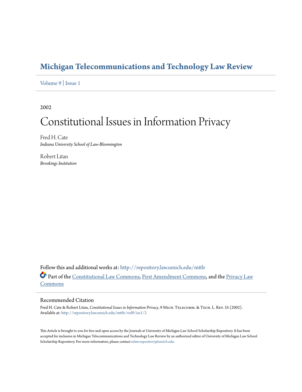 Constitutional Issues in Information Privacy Fred H