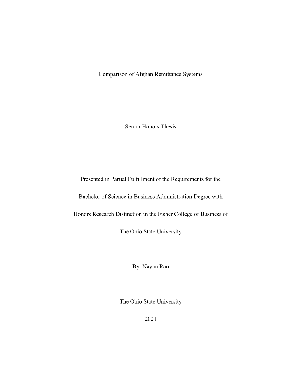 Comparison of Afghan Remittance Systems Senior Honors Thesis