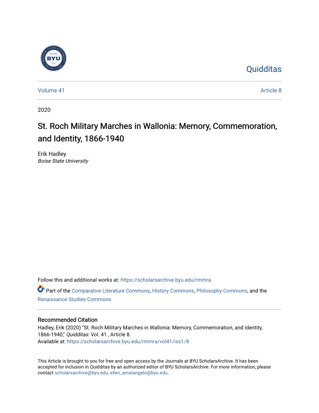 St. Roch Military Marches in Wallonia: Memory, Commemoration, and Identity, 1866-1940