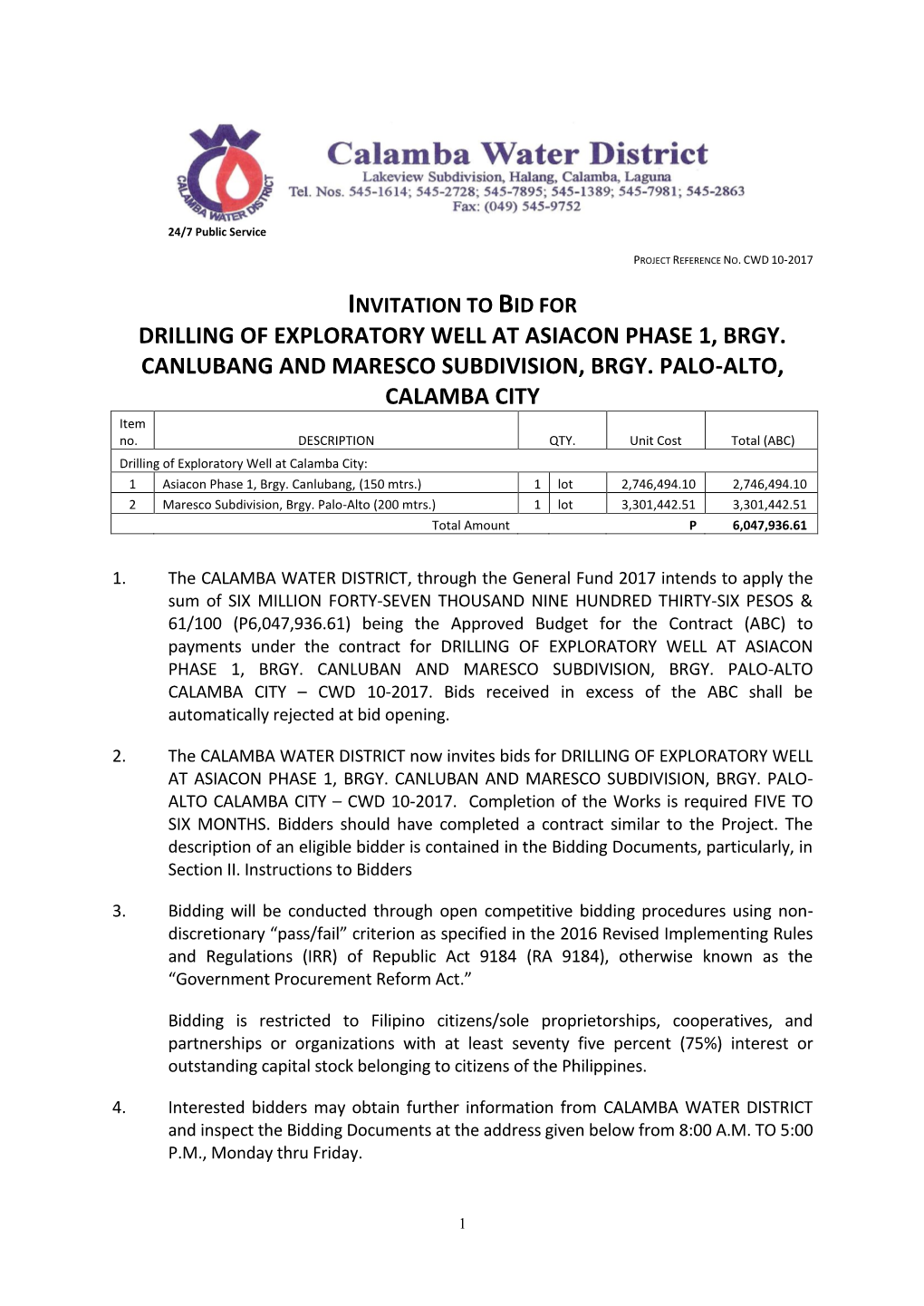 Invitation to Bid for Drilling of Exploratory Well at Asiacon Phase 1, Brgy