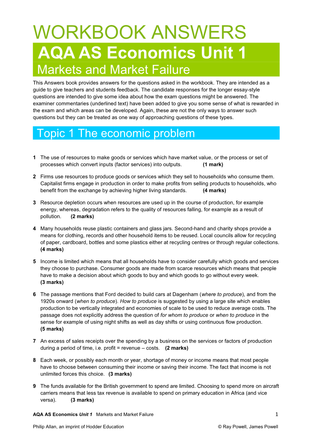 Economics AQA AS Unit 1 WORKBOOK ANSWERS