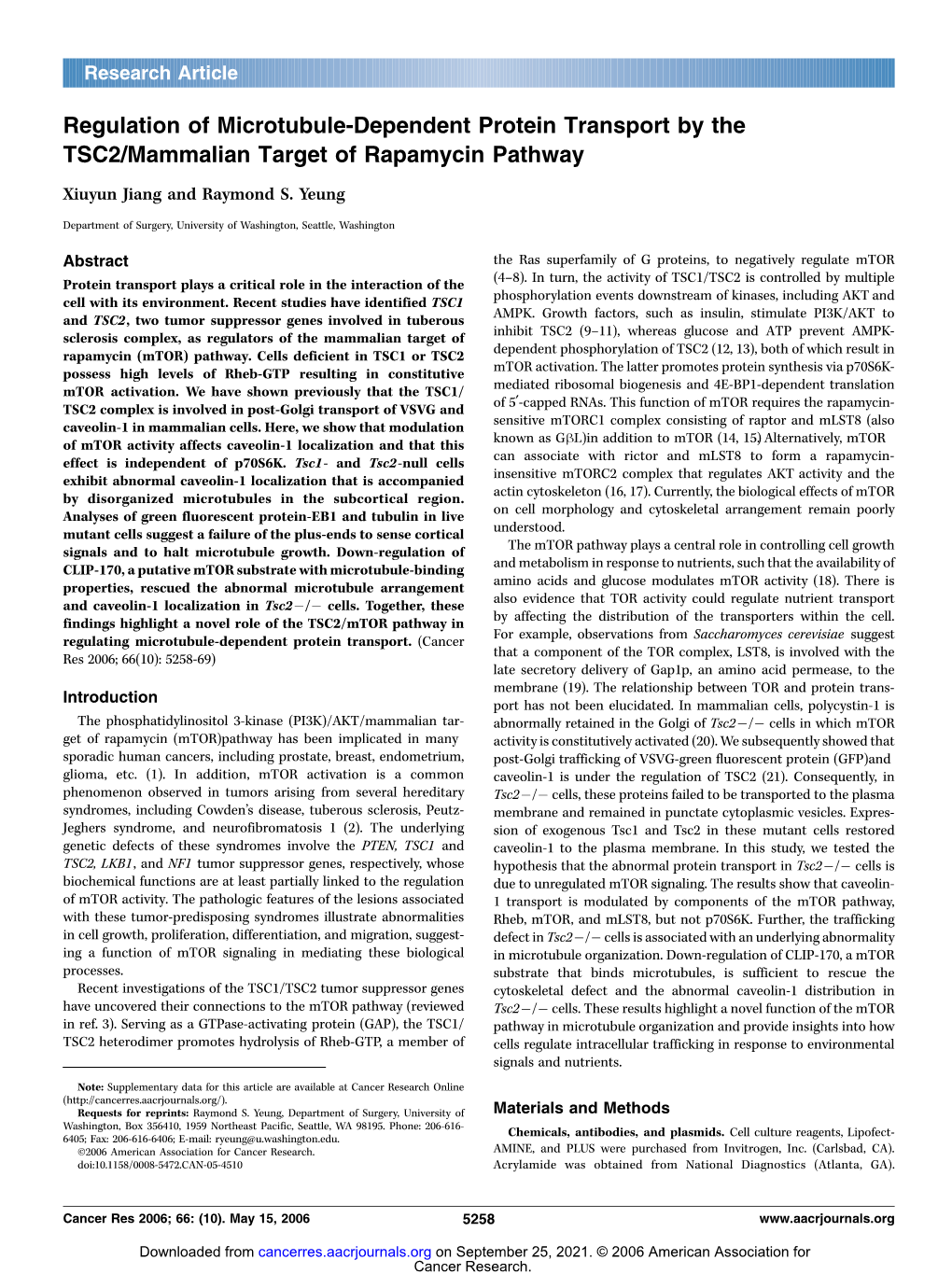 Regulation of Microtubule-Dependent Protein Transport by the TSC2/Mammalian Target of Rapamycin Pathway