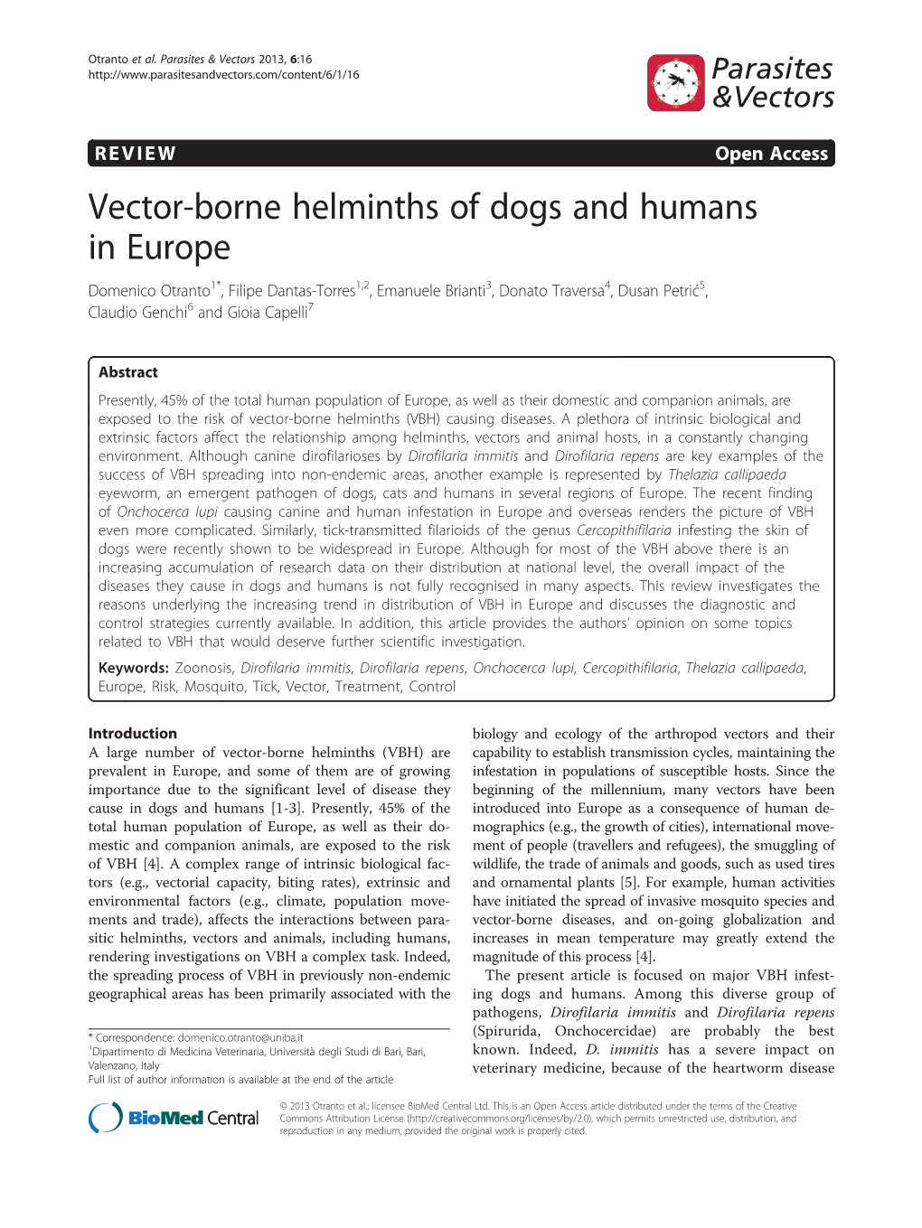 Vector-Borne Helminths of Dogs and Humans in Europe