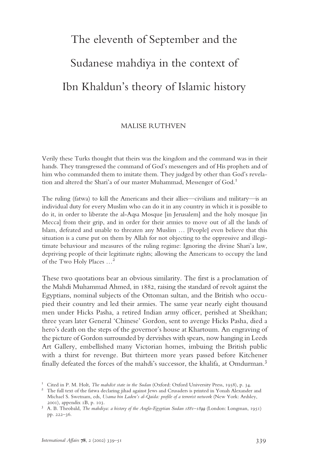 The Eleventh of September and the Sudanese Mahdiya in the Context of Ibn Khaldun’S Theory of Islamic History