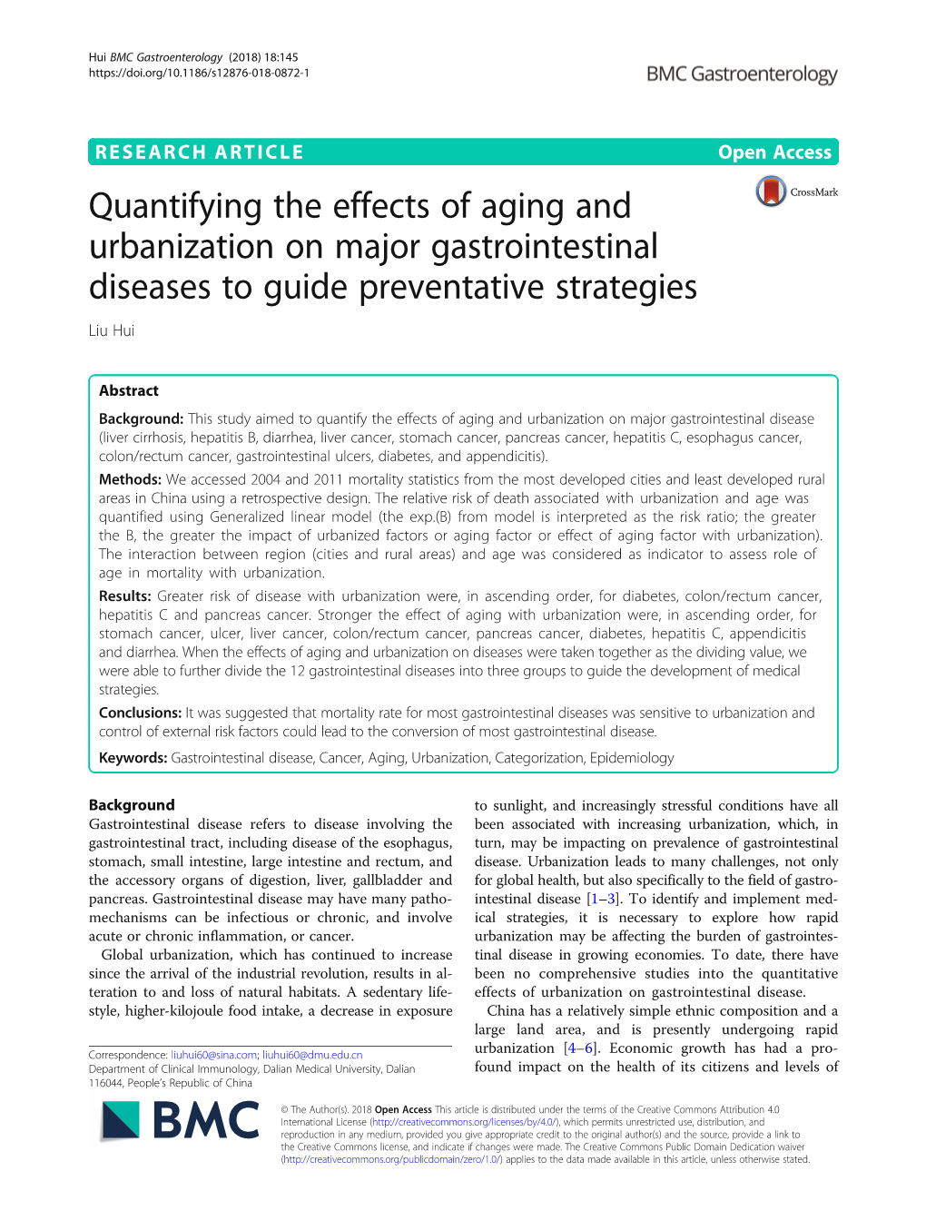 Quantifying the Effects of Aging and Urbanization on Major Gastrointestinal Diseases to Guide Preventative Strategies Liu Hui
