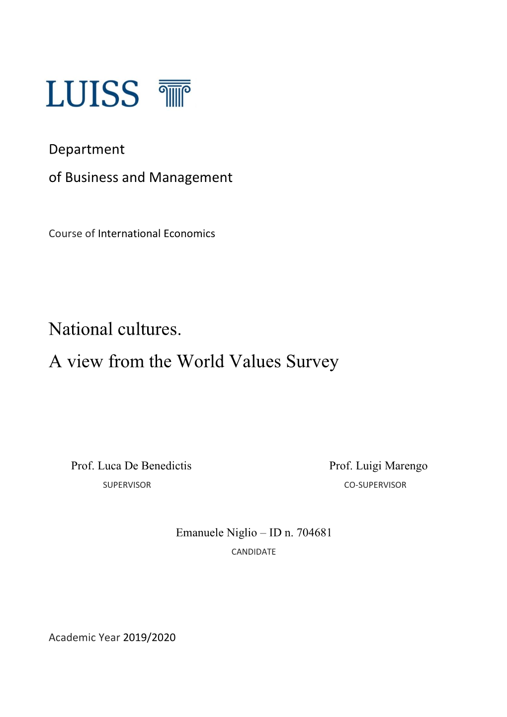 National Cultures. a View from the World Values Survey