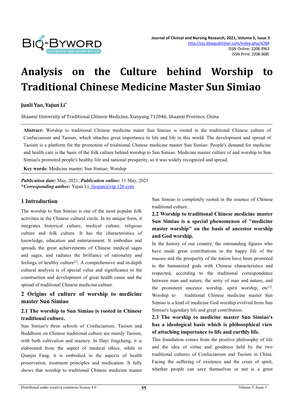 Analysis on the Culture Behind Worship to Traditional Chinese Medicine Master Sun Simiao