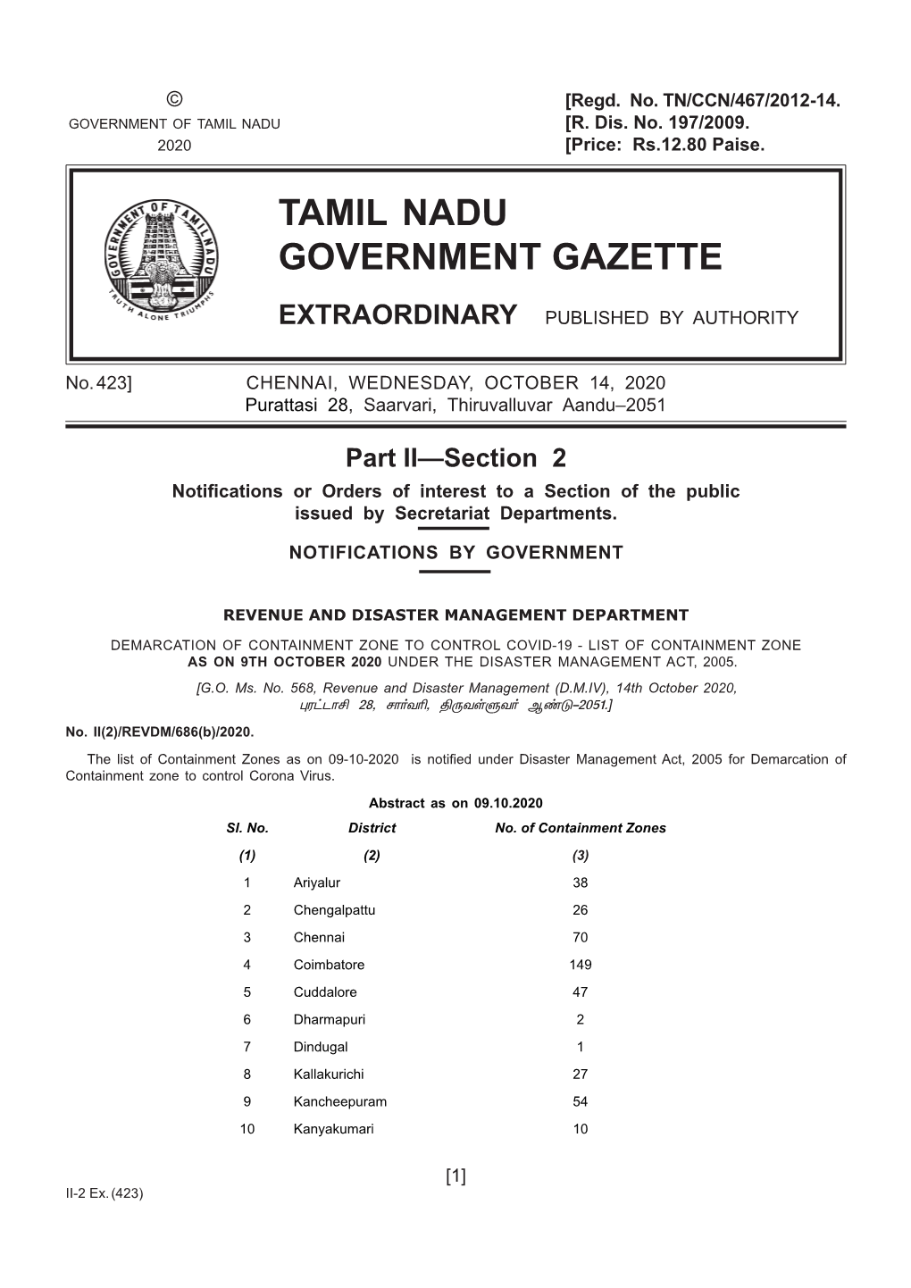 423] CHENNAI, WEDNESDAY, OCTOBER 14, 2020 Purattasi 28, Saarvari, Thiruvalluvar Aandu–2051