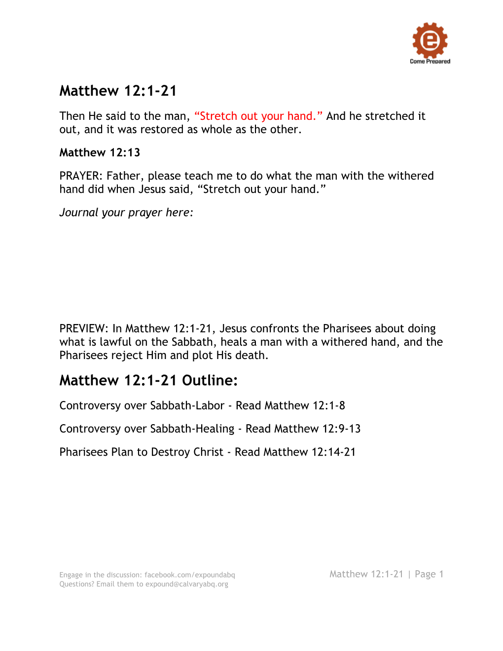 Matthew 12 1-21 Study Guide Handout