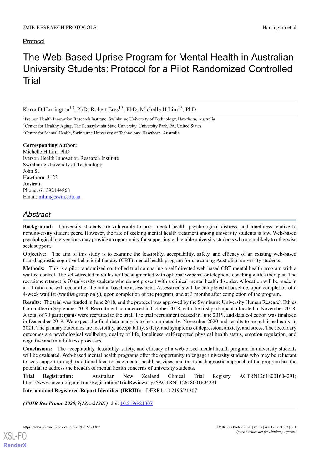 The Web-Based Uprise Program for Mental Health in Australian University Students: Protocol for a Pilot Randomized Controlled Trial