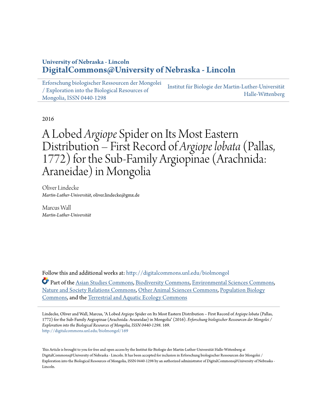 Spider on Its Most Eastern Distribution – First Record of &lt;I&gt;Argiope Lobata