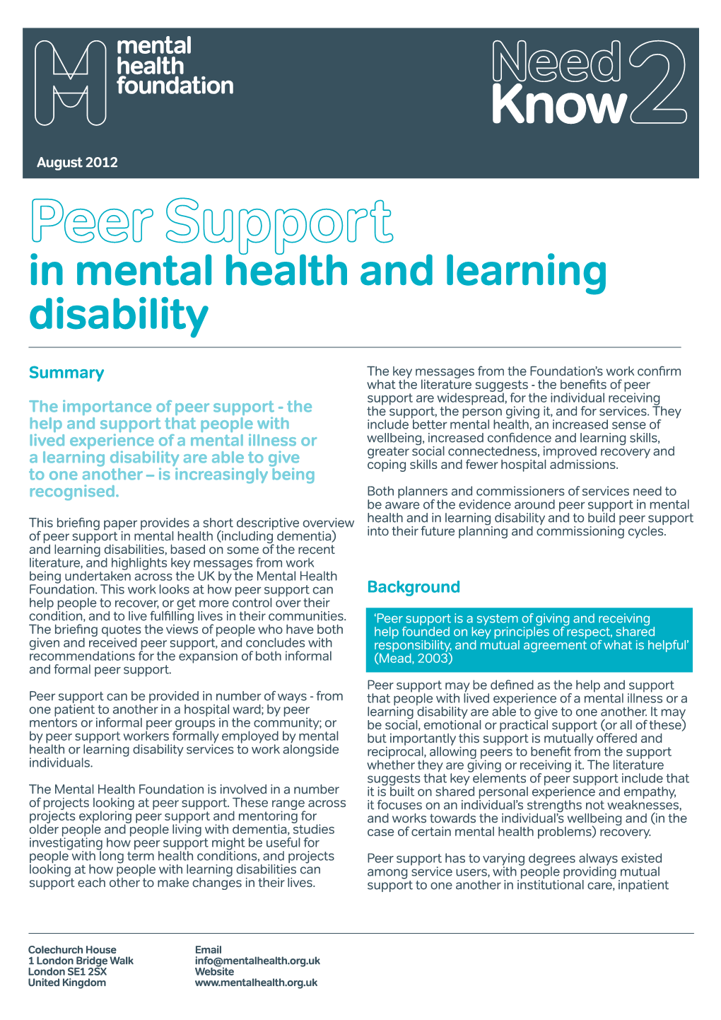 Peer Support in Mental Health and Learning Disability
