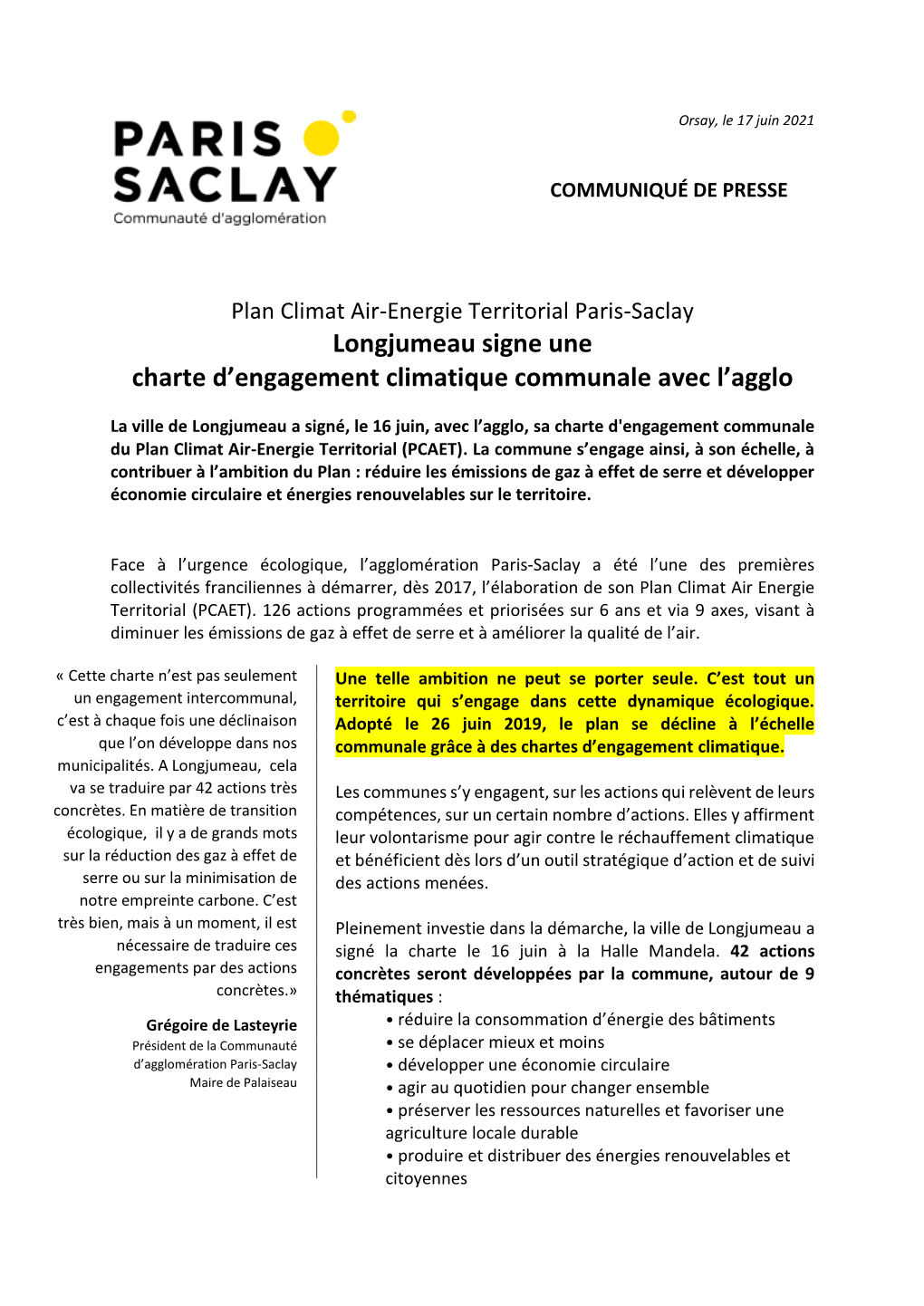 De Longjumeau a Signé, Le 16 Juin, Avec L’Agglo, Sa Charte D'engagement Communale Du Plan Climat Air-Energie Territorial (PCAET)