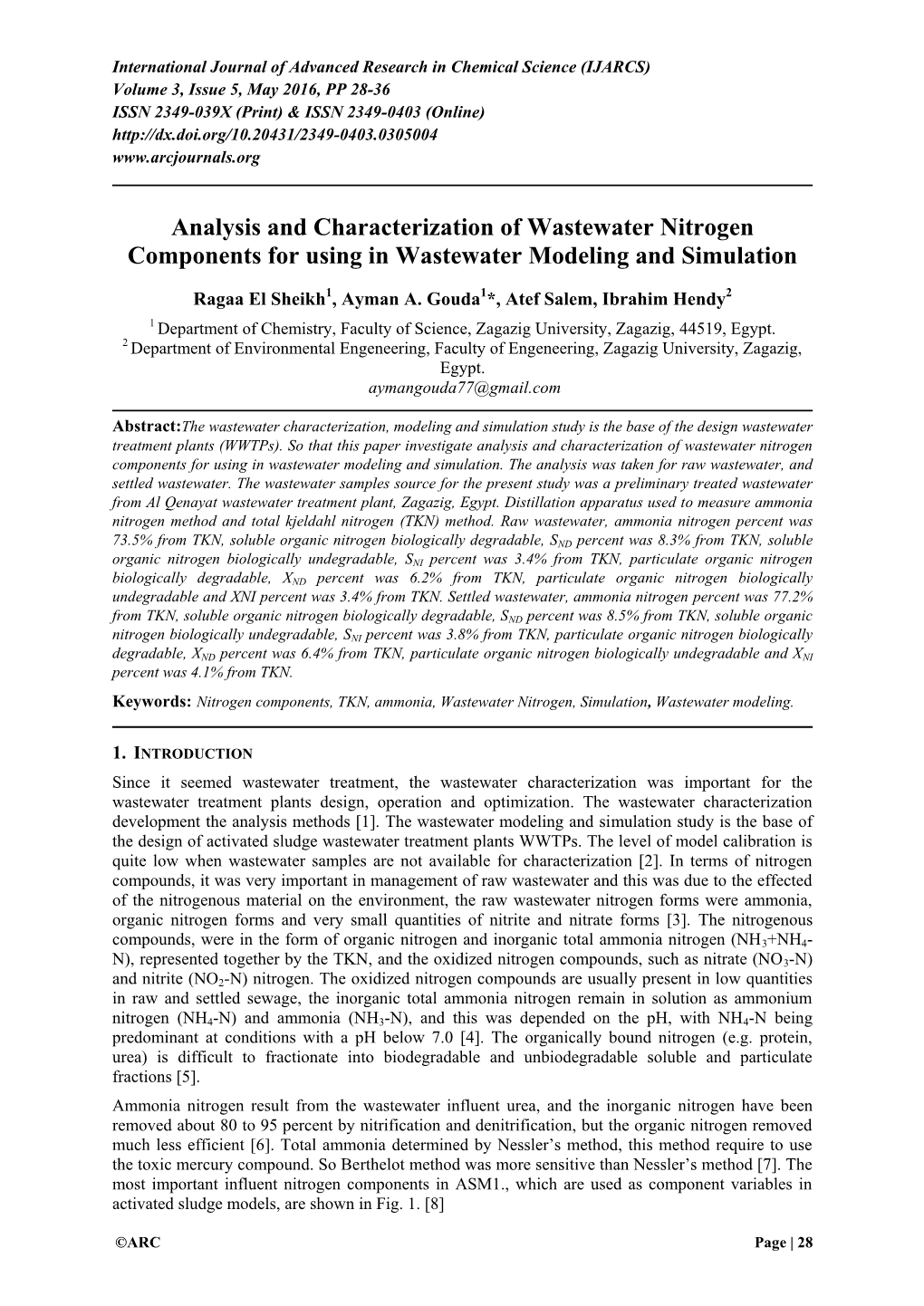 Analysis and Characterization of Wastewater Nitrogen Components for Using in Wastewater Modeling and Simulation