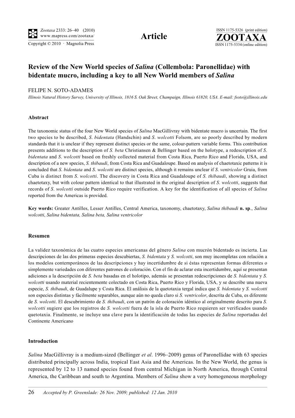 Zootaxa, Review of the New World Species of Salina