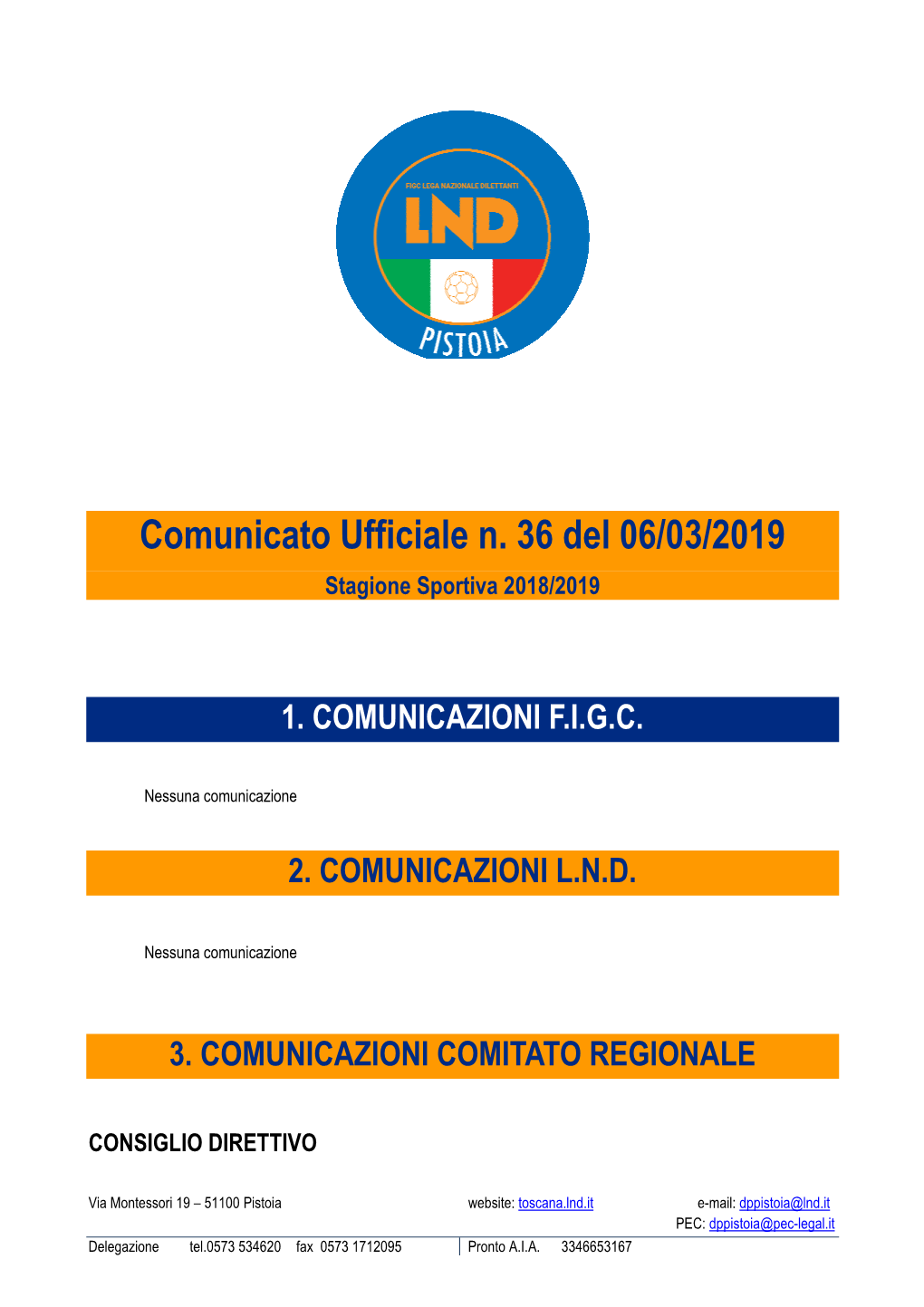 Comunicato Ufficiale N. 36 Del 06/03/2019