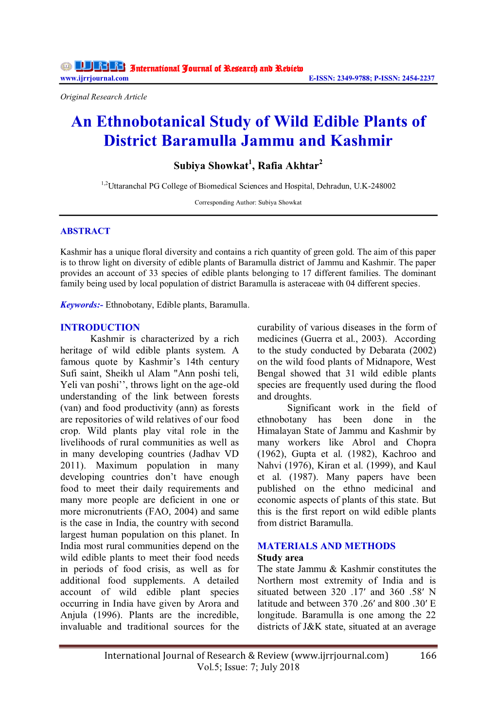 An Ethnobotanical Study of Wild Edible Plants of District Baramulla Jammu and Kashmir