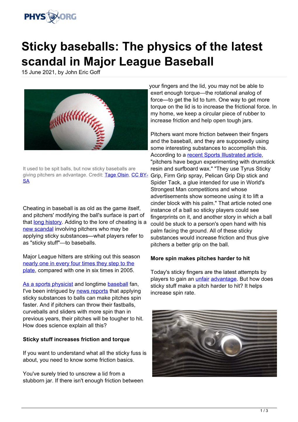 The Physics of the Latest Scandal in Major League Baseball 15 June 2021, by John Eric Goff