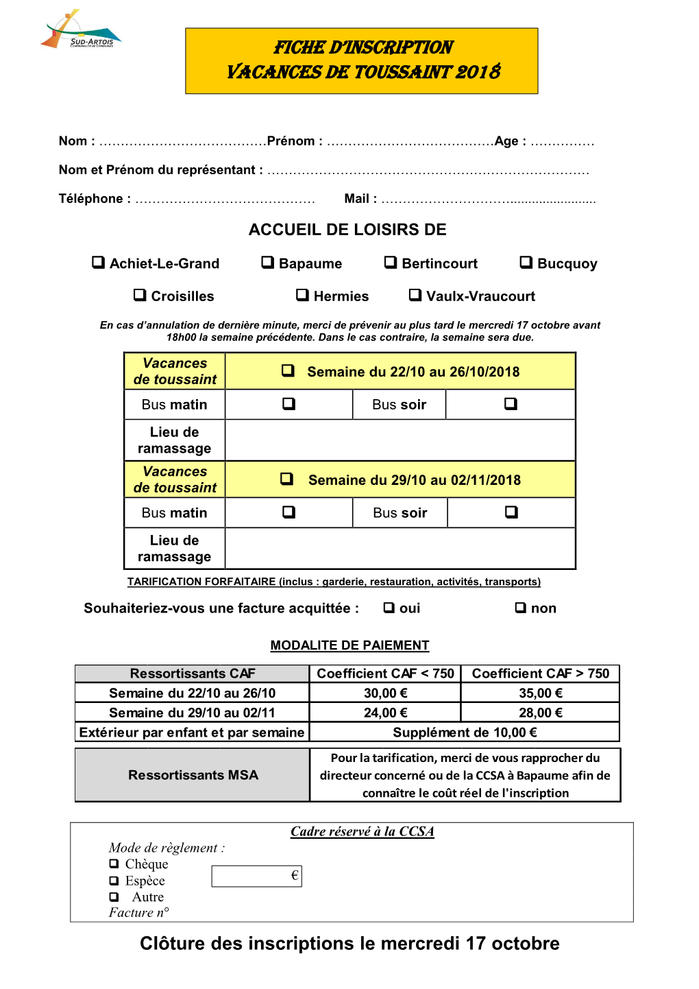 Fiche D'inscription Vacances De TOUSSAINT 2018