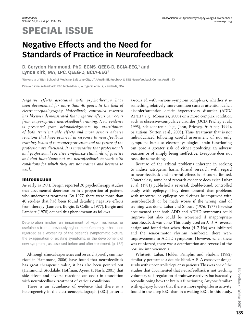 Negative Effects and the Need for Standards of Practice in Neurofeedback
