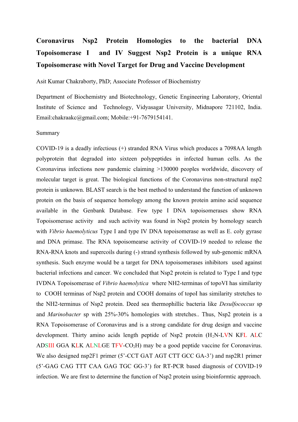 Coronavirus Nsp2 Protein Homologies to the Bacterial DNA