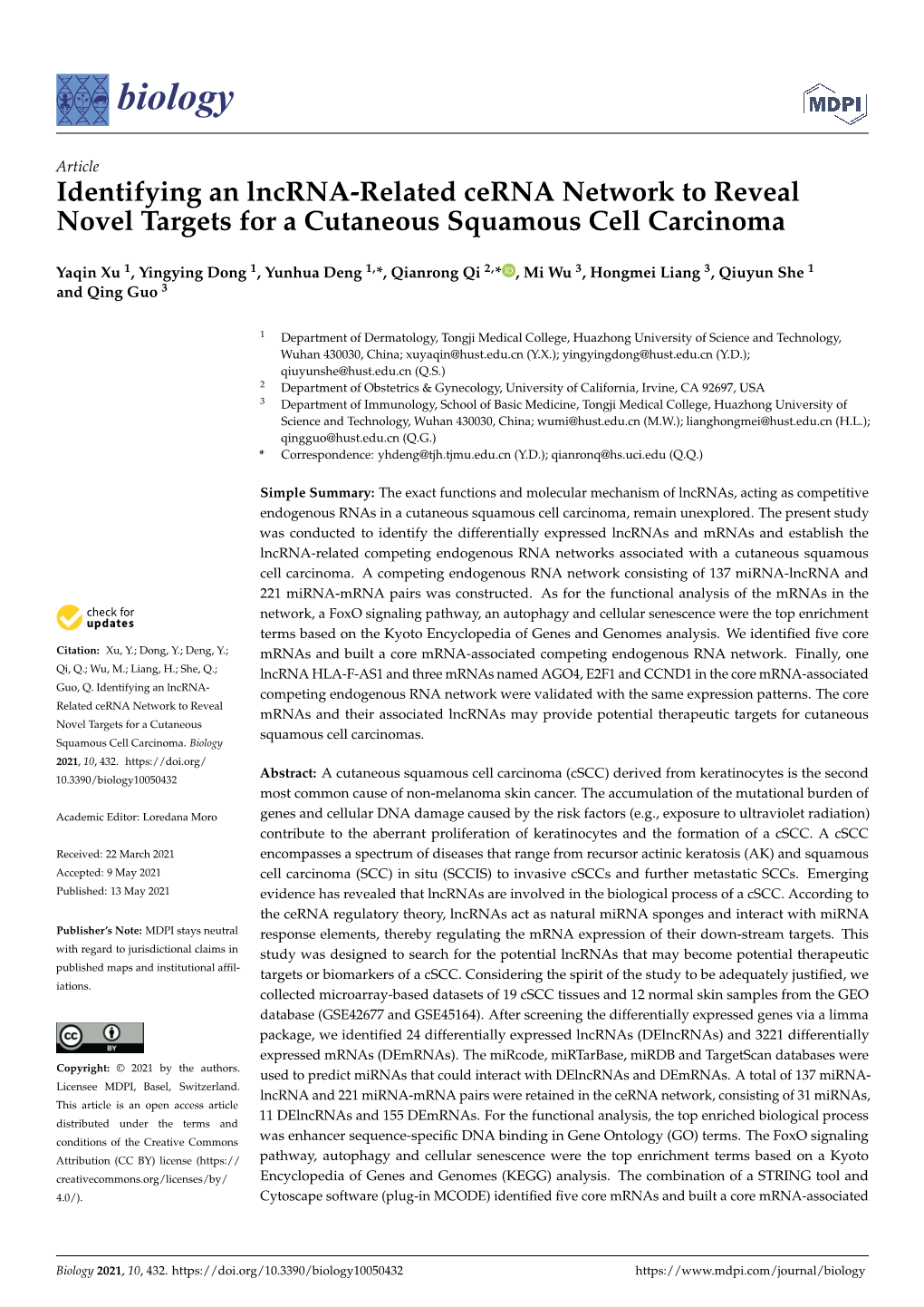 Identifying an Lncrna-Related Cerna Network to Reveal Novel Targets for a Cutaneous Squamous Cell Carcinoma