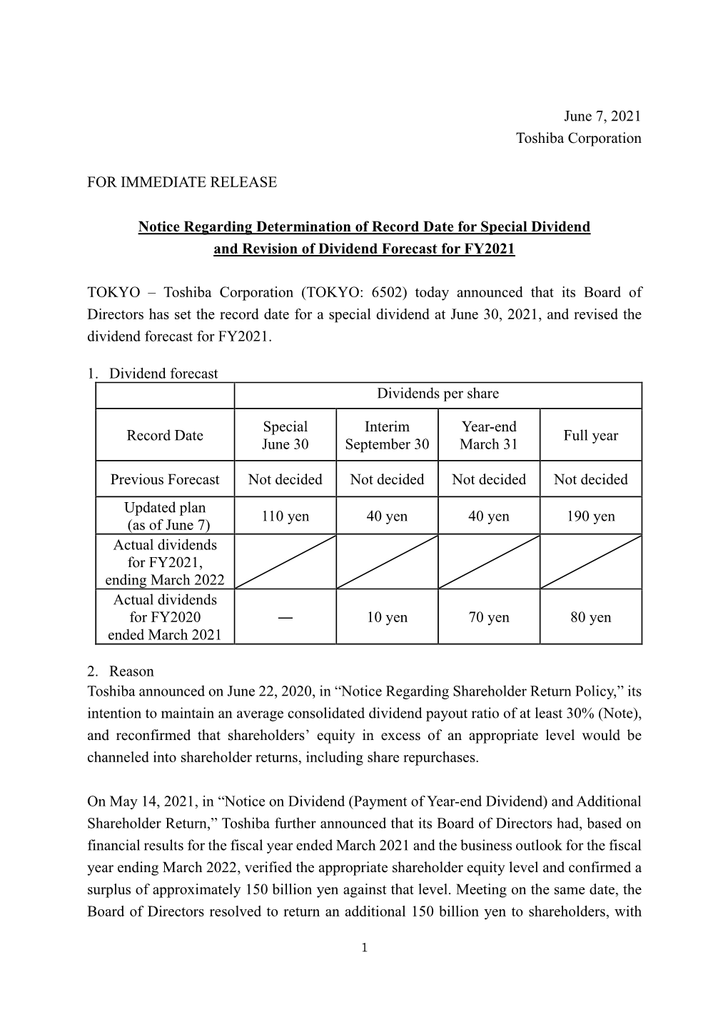 Notice Regarding Determination of Record Date for Special Dividend and Revision of Dividend Forecast for FY2021