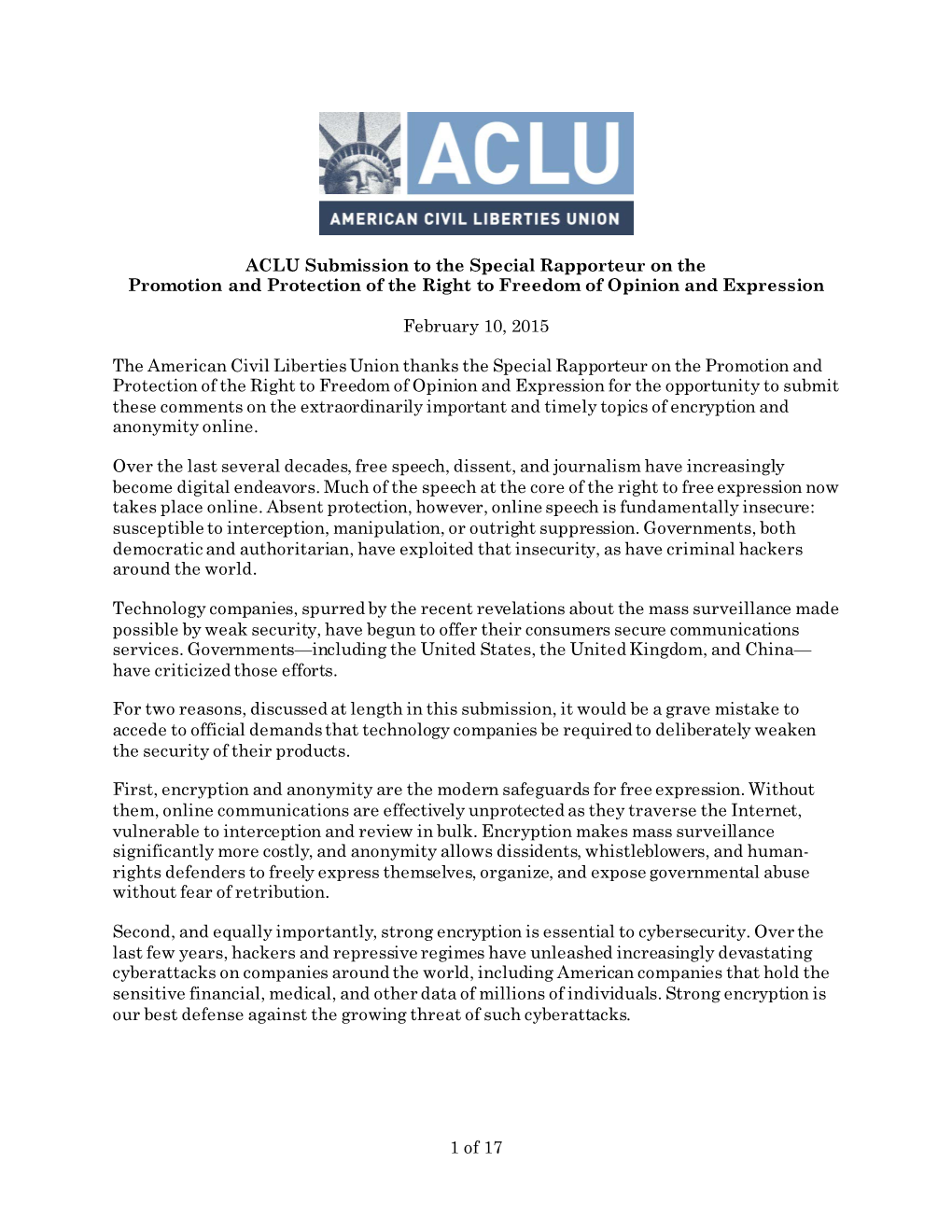 ACLU Submission to the Special Rapporteur on the Promotion and Protection of the Right to Freedom of Opinion and Expression